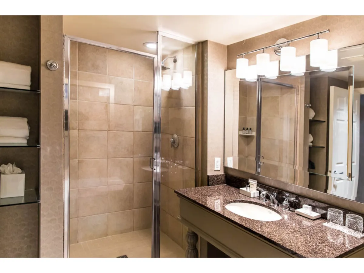 This image showcases a serene bathroom with a spacious walk-in shower, a well-lit vanity with a mirror, and elegant light fixtures. The space is filled with natural light, creating an inviting atmosphere for both relaxation and daily self-care routines.