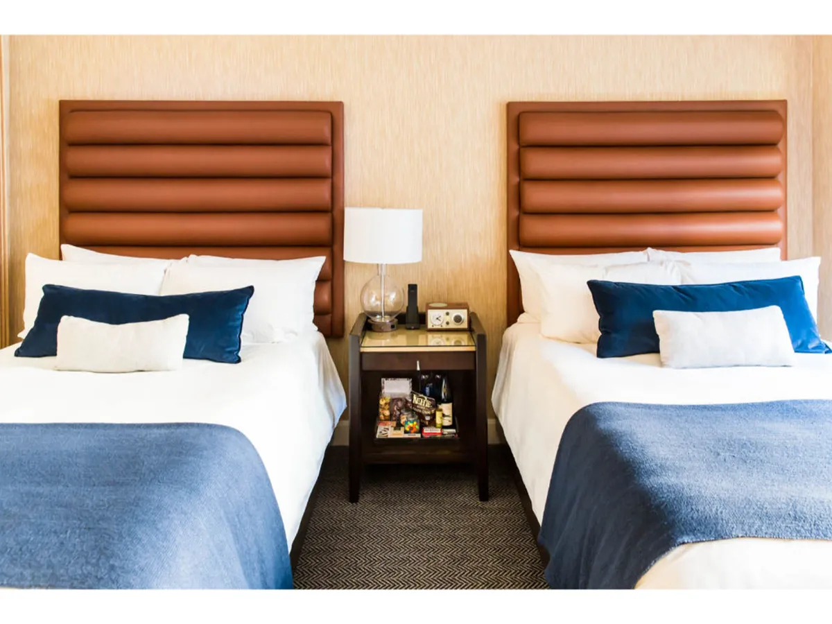 A cozy hotel room featuring plush beds, a nightstand with a lamp, and a comfortable, welcoming atmosphere. The scene evokes a sense of relaxation, perfect for unwinding after a day exploring the city with your pet.
